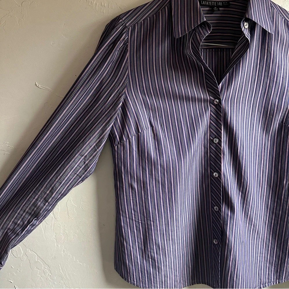 Lafayette 148‎ Women’s Button Down Shirt Blue and Red Pinstripes Open Top Sz 10 - Picture 10 of 15